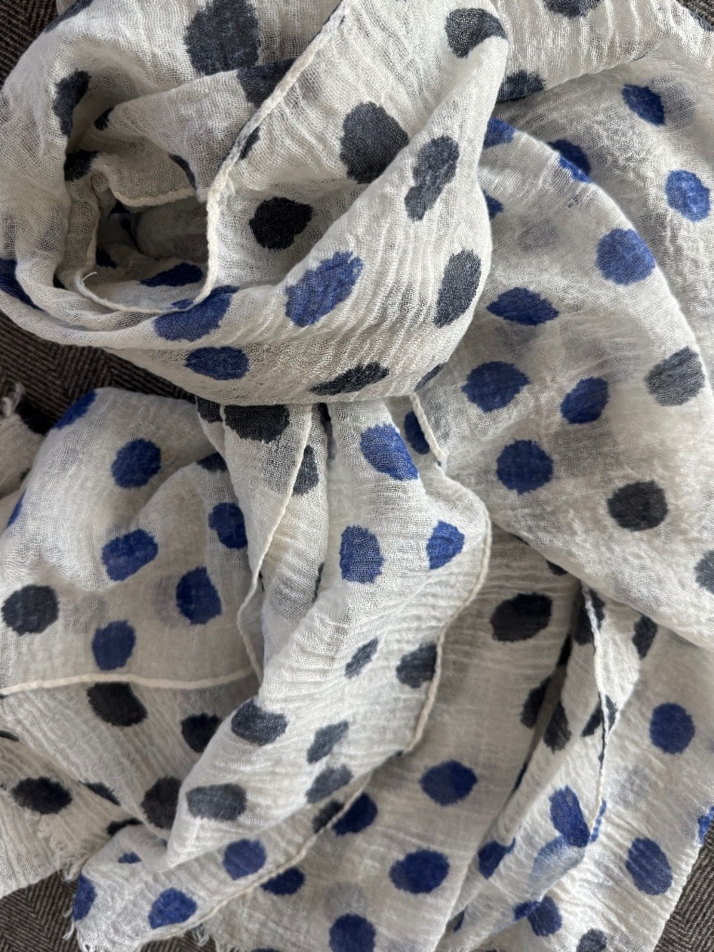 NWOT, ITALIAN POLKA DOT DARLING SCARF IN BLUE AND BLACK POLKA DOTS